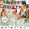 Decoraciones navideñas temáticas de acebo en acuarela, hojas verdes, piñas, platos de papel, servilletas de papel, vasos, mantel, artículos para fiestas