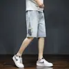 Pantalones cortos de mezclilla para hombre, verano finos holgados bordados hasta la rodilla, de trabajo modernos, versátiles casuales de longitud media