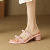 Vestido Doble Lazo Buen Uso Combinable Piel de Vacuno Ropa Exterior Zapatillas 2024 Verano Tacón Medio Grueso Punta Redonda Sandalias de Cuero Genuino para Mujer