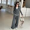 Traje Deportivo Casual de Moda para Mujer 2025 Primavera Nuevo Elegante Ajustado Sudadera Rayada y Pantalones de Pierna Ancha Conjunto de Dos Piezas Moderno