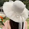 Chapéu de Sol de Verão com Laço para Mulheres, Chapéu de Sol de Palha com Pérolas para Praia, Chapéu de Sol de Aba Larga para Exterior, Chapéu de Palha Doce