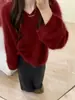 Suéter Casual de Lã de Visão com Gola V para Mulheres, Novo Outono/Inverno Malha Pelúcia Solta Cor Vermelho Rosa, Top Suave e Elegante