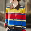 Cardigan de Tricô Gola Polo de Lã Fina e Caxemira Novo para Primavera e Outono, Manga Longa, Blusa Jaqueta Color Block Listrada
