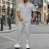 2025 Verão Novo Conjunto de Duas Peças Masculino Europeu e Americano Estação Independente Cor Sólida Bolso com Botão Camisa Manga Curta Calça
