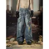 Jeans Americano Retro de Verão High Street com Corrente Estampa Digital Lavado e Desgastado Solto Reto Estampado
