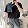 Camiseta de Manga Corta con Parches de Mezclilla Desmontables de Alta Gama para Hombre, Nuevo Estilo de Verano, Top Redondo Fresco y Moderno