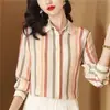 Blusa feminina listrada de manga longa, design de verão, nicho, retrô, seda pesada, camisa de seda de amoreira, feminina, modeladora