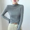 Camiseta Base Versátil de Color Sólido H393 con Cuello Alto Medio para Mujer, Camiseta de Manga Larga Cálida para Otoño e Invierno, Top Ajustado de Cuello Medio