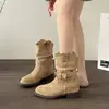 Botas Nuevas Estilo Occidental para Mujeres de Mediana Edad Botas de Tacón Grueso Botines Moda Plisada Hebilla de Cinturón Botines Cortos Tacón 2026 Versátil Negro
