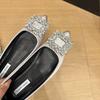 Sapatos de Bico Fino Francês para o Dia a Dia Feminino 2025 Primavera & Outono Novo Estilo Boca Rasa Versátil Fivelas Quadradas com Strass Sapatilhas Elegantes Sapatos de Bico Baixo