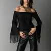 Top vintage europeu e americano com franjas para mulheres, nova camiseta de camurça de um ombro com manga sino estilo western, ombro a ombro