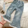Ropa para Niñas Xie Jinmao, Estilo Invierno, Pantalones Forrados de Polar, Pantalones Acampanados de Mezclilla Calientes con Forro de Polar y Perlas, Elegantes