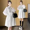 En Stock 2025 Calidad Otoño Nuevo Ropa de Maternidad Vestido Camisa de Longitud Media con Retazos Estilo Coreano Moda Trendy para Mamás