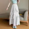 Saia Midi Branca para Mulheres 2026 Verão Novo Estilo Chiffon Renda Babado Saia de Fada Saia Longa Evasê