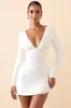 Vestido Aliexpress Europeu e Americano Feminino 2025 Decote em V Profundo Cintura Vestido de Manga Longa Feminino Slim Moda Sexy Justo no Corpo Saia Curta