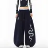 Calça Casual Curva Prata com Pedrarias Tendência de Cobra para Homens e Mulheres, Calça de Pierna Larga Pesada Hip-Hop de Outono, Calça de Moletom Solta para Casal