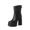 Botas femininas de salto plataforma ultra alto e grosso, cano médio, botas únicas de outono e inverno, novas, couro genuíno, bico redondo, para calçar, salto plataforma grosso, botas femininas de cano médio