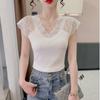 Camisola de Encaje para Mujer Verano 2025 Nuevo Estilo Coreano Sexy Cuello V Camiseta Básica Ajustada