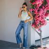 Estación Independiente Exportación Color Claro Jeans Simples para Mujer Amazon Transfronterizo Lavados Cintura Alta Pierna Ancha en Stock