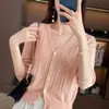 Nuevo estilo de verano cárdigan de punto de algodón puro con rayas verticales, mangas tres cuartos, chaqueta de color liso con cuello en V estilo coreano, top hueco de color liso para mujer