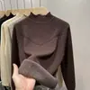 Nova Camisa Base de Gola Alta Meia-Altura Estilo Outono e Inverno para Mulheres, com Forro de Lã, Suéter Engrossado e Estiloso, Malha de Lã Integrada