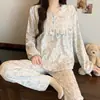 Pijama de Algodão Nuvem para Mulheres, Primavera e Outono, Estilo Pastoral Doce, Estampa Floral, Mangas Longas, Calças Longas, Solto, Pode Ser Usado ao Ar Livre, Conjunto para Casa