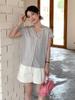 Camiseta de Lino Tencel de Manga Corta para Mujer Verano Nuevo Rayas Cuello en V de Lino Amigable con la Piel Adelgazante Botón Cardigan de Punto