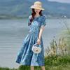 Vestido Curto Floral de Algodão e Linho da Moda para Mulheres Verão 2025 Novo Visual Emagrecedor na Cintura Estilo Férias Casual Elegante Saia