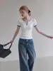 Camiseta de punto de manga corta color blanco con cuello en V de seda helada fresca ummoimoi para mujer, nuevo diseño de verano 2026 con colores contrastantes