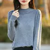 Camisa básica feminina de malha fina slim fit com gola alta parcial para primavera e outono, versátil para usar por baixo ou por cima, blusa de tricô feminina da moda