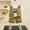 Traje de Verano de Manga Corta para Niños, Elegante Chaleco de Trabajo Infantil Conjunto de Tres Piezas 2025 Nueva Moda Tendencia en Ropa para Bebés