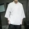 Hanfu de estilo chino para hombre, de seda helada, cuello cruzado, manga tres cuartos, túnica holgada de frente abierto con corbata, ropa tradicional de estilo antiguo para superponer