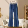 Calça Jeans Flare Azul Escuro para Mulheres, Novo Estilo Verão 2026, Cintura Alta Elástica, Emagrecimento, Bordada, Calça Bootcut Stretch