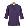 Atacado de Roupas Femininas Transfronteiriças Estilo Europeu e Americano Outono 2025 Novo Top de Manga Média Gola Redonda Cor Lisa Slim Fit Camiseta Versátil