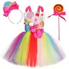 Vestido de Gasa de Princesa Flor de Caramelo Arcoíris Dulce, Falda Tutú de Malla de Paleta, Vestido Infantil de Hada de Caramelo
