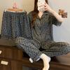Pijama de algodón imitación de alta gama con estampado de leopardo para primavera y verano, estilo old money para mujer, retro americano de manga corta de tres piezas para el hogar al por mayor