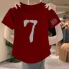 Camiseta de manga corta de algodón sintético color borgoña para mujer, estilo mamá de verano, corte holgado, adelgazante, con diseño irregular, top de nicho