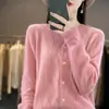 Cardigã de lã 100% para primavera, novo estilo coreano, simples, gola redonda, com padrão ondulado, casaco feminino solto e elegante
