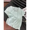 Verde Mentolado Ramble Blusa Curta de Tricô Manga Curta Feminina Costas Vazadas Top Curto Verão Doce Textura Camiseta Básica