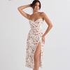 Vestido floral estilo francés para mujer de comercio exterior, ajustado, sin espalda, con abertura, largo medio, sexy, con tirantes, para verano