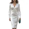 Vestido Elegante de Satén con Cintura Ceñida y Mangas Largas, Nuevo, Europeo y Americano