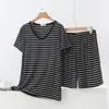 Conjunto de Verano Nuevo de Modal con Cuello en V Rayas Manga Corta y Shorts Tallas Grandes para Mujer Delgado Holgado Casual Ropa de Casa