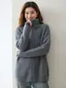 Cardigã de malha de cashmere estilo preguiçoso solto com três fios e malha grossa de 5 agulhas para mulheres, jaqueta com zíper de manga longa e gola alta em tricô de trança