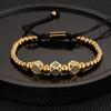 Pulseira de Corda Tecida Ajustável Hip Hop Masculina Coroa de Cobre Retrô Europeia e Americana Contas de Abacaxi de Aço Titânio Galvanizado a Vácuo