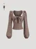 Top retro para mujer con mangas abullonadas que ciñe la cintura, estilo europeo y americano, ajustado, de manga larga corta, con cuello cuadrado