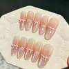 Pegatinas para Uñas Francesas Color Rosa Melocotón Romántico Ojo de Gato, con Perlas, Lazos y Corazones, Uñas Portátiles de 10 Piezas, Tendencia Caliente en Tiktok