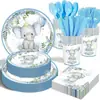 Suministros para Fiesta de Elefante Azul Desechables Bautizo Vajilla de Mesa Set Bebé Decoraciones de Arreglo de Cumpleaños para Bebé