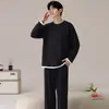 Pijama Masculino de Algodão Puro com Gola Redonda Primavera Outono Inverno Novo Alta Qualidade Manga Longa Calça Longa Tamanho Plus Casual Roupa de Casa Conjunto para Usar por Cima