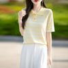 2025 Verano Nuevo Tencel Lyocell POLO Cuello Camiseta de Punto Manga Corta Camiseta para Mujer Rayada Combinación de Colores Camiseta Básica