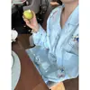Pijama de Gaze de Algodão com Nuvem Feminino Manga Longa Primavera e Outono Conjunto Cruzado Ins Roupas para Casa tamanho plus size Primavera Desenho Animado Fofo